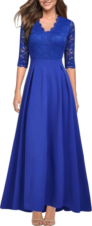 Women's V Neck Lace Vintage Formal Bridesmaid Wedding Long Dress