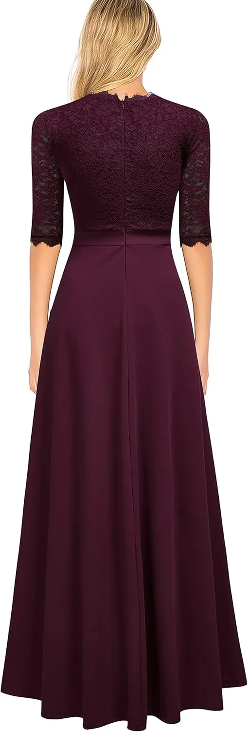 Women's V Neck Lace Vintage Formal Bridesmaid Wedding Long Dress