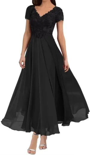Women's V Neck Mother of The Bride Chiffon Tea Length Dresses with Sleeves Lace Formal Evening Gowns