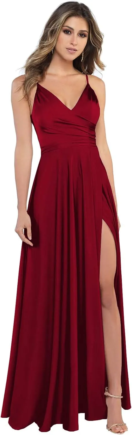 Women's V-Neck Satin Bridesmaid Dresses Long Spaghetti Strap Corset Prom Formal Dress with Slit