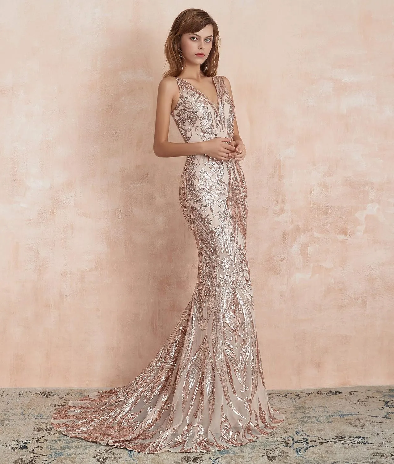 Women's V-Neck Sequins Sleeveless Lace-up Mermaid Evening Dress