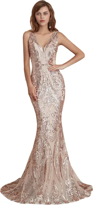 Women's V-Neck Sequins Sleeveless Lace-up Mermaid Evening Dress