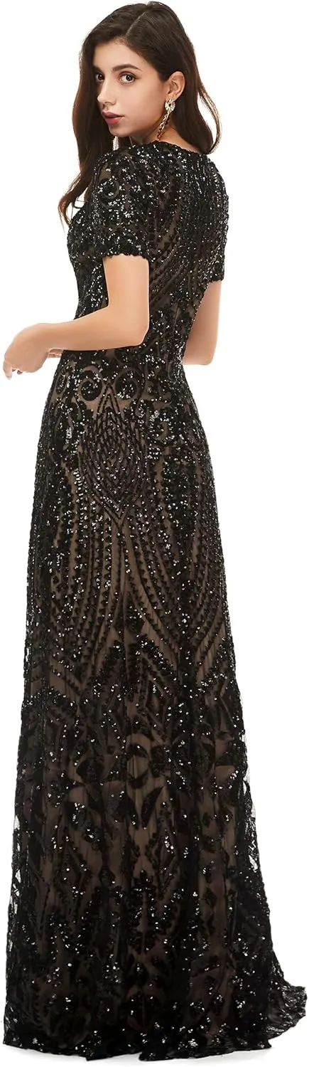 Women's V-Neck Sequins Sleeveless Lace-up Mermaid Evening Dress
