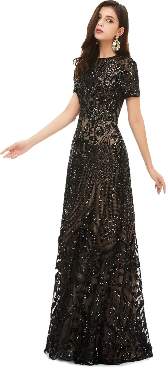 Women's V-Neck Sequins Sleeveless Lace-up Mermaid Evening Dress