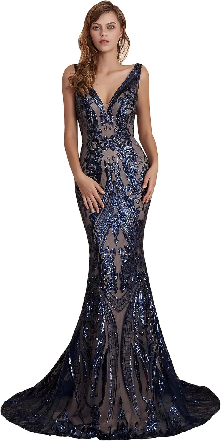 Women's V-Neck Sequins Sleeveless Lace-up Mermaid Evening Dress
