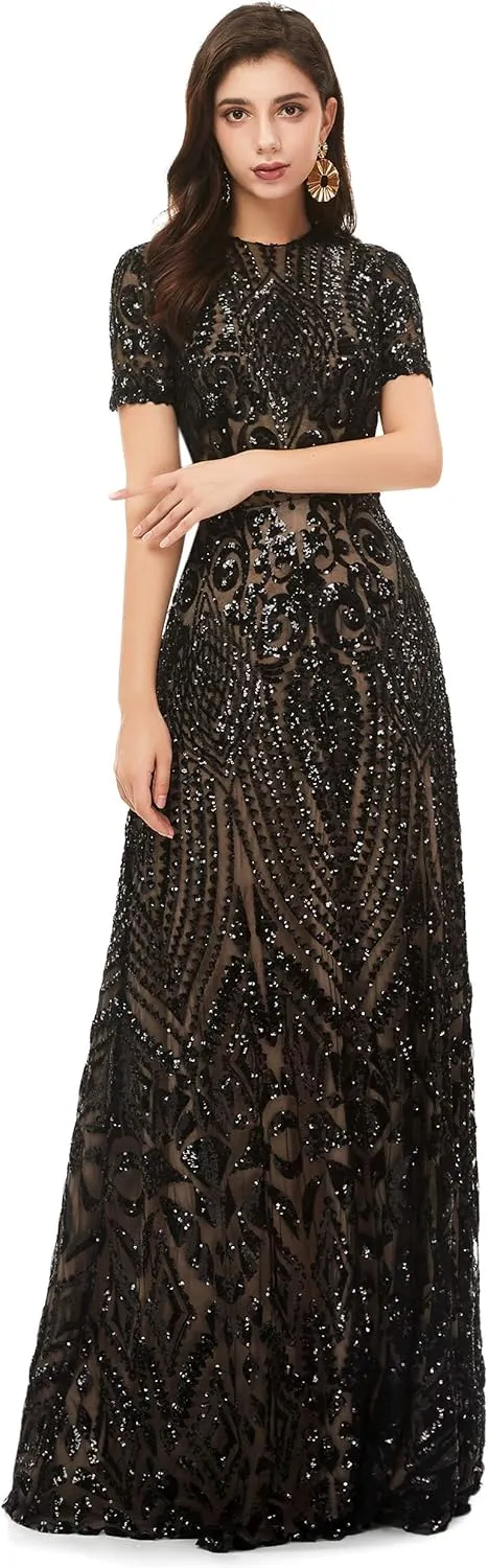 Women's V-Neck Sequins Sleeveless Lace-up Mermaid Evening Dress