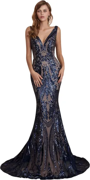Women's V-Neck Sequins Sleeveless Lace-up Mermaid Evening Dress