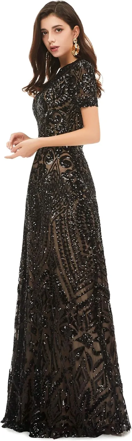 Women's V-Neck Sequins Sleeveless Lace-up Mermaid Evening Dress