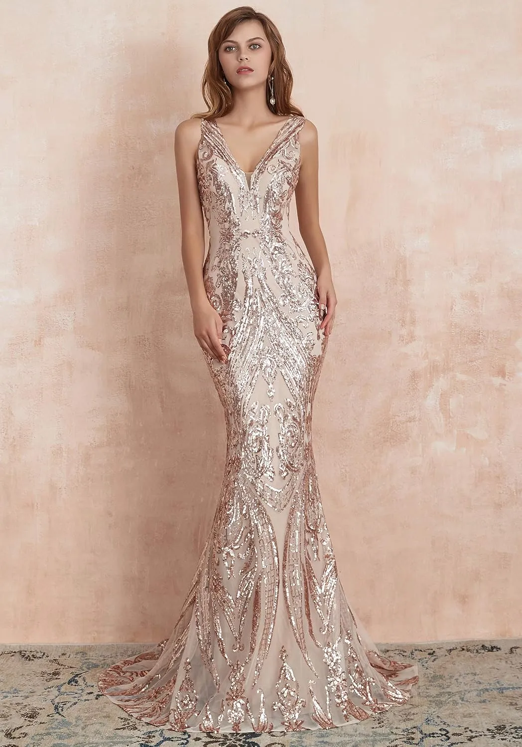 Women's V-Neck Sequins Sleeveless Lace-up Mermaid Evening Dress