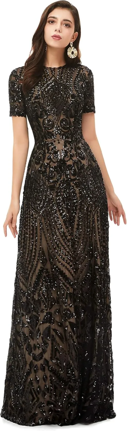 Women's V-Neck Sequins Sleeveless Lace-up Mermaid Evening Dress
