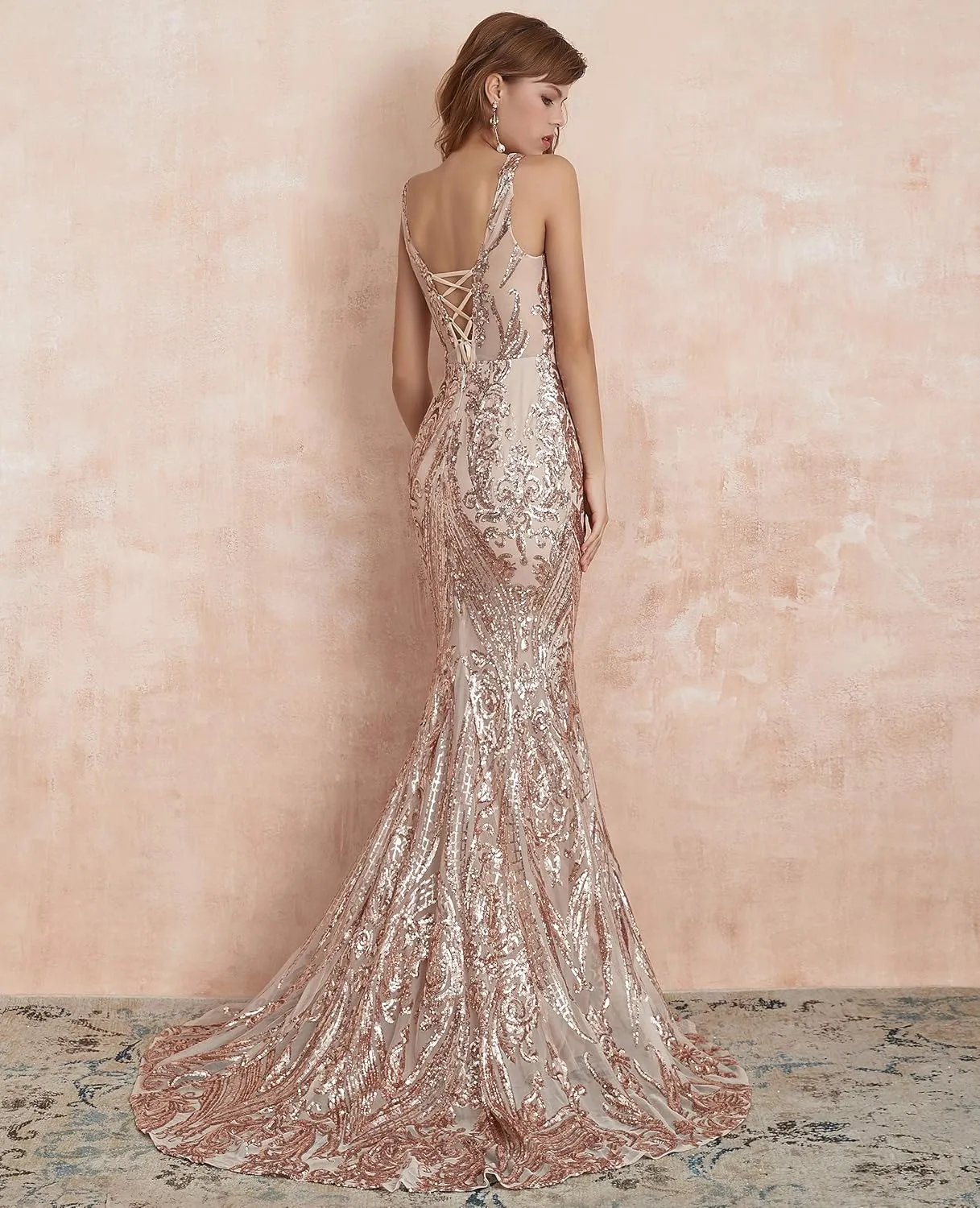 Women's V-Neck Sequins Sleeveless Lace-up Mermaid Evening Dress