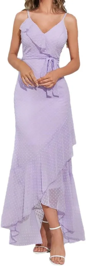 Women's V-Neck Sleeveless Dress Dot Asymmetrical Hem Dresses with Ruffle Party Formal Gown