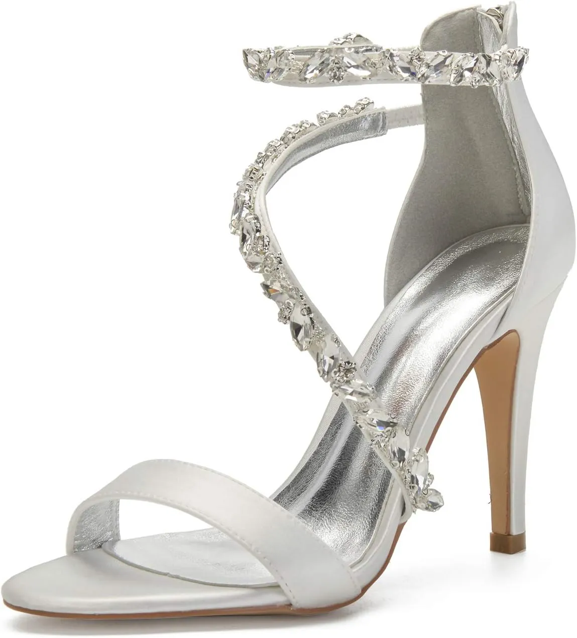 Women's Wedding Bridal Satin Heels Sandals Mid Heels Ankle Strap Crystal Zipper Back Formal Evening Prom Party Dress Shoes Pumps