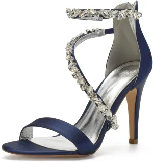 Women's Wedding Bridal Satin Heels Sandals Mid Heels Ankle Strap Crystal Zipper Back Formal Evening Prom Party Dress Shoes Pumps