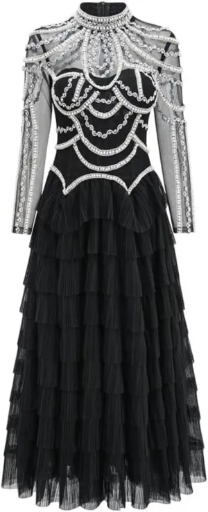 Women's Wedding Guest Dress Long Sleeve Beaded Tulle Gown Rhinestone Lace Prom Evening Formal Dress