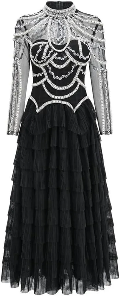 Women's Wedding Guest Dress Long Sleeve Beaded Tulle Gown Rhinestone Lace Prom Evening Formal Dress