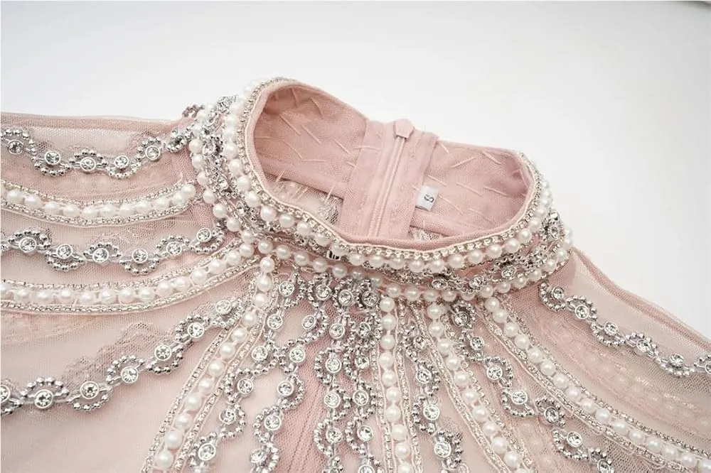 Women's Wedding Guest Dress Long Sleeve Beaded Tulle Gown Rhinestone Lace Prom Evening Formal Dress