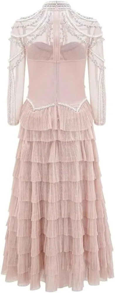Women's Wedding Guest Dress Long Sleeve Beaded Tulle Gown Rhinestone Lace Prom Evening Formal Dress