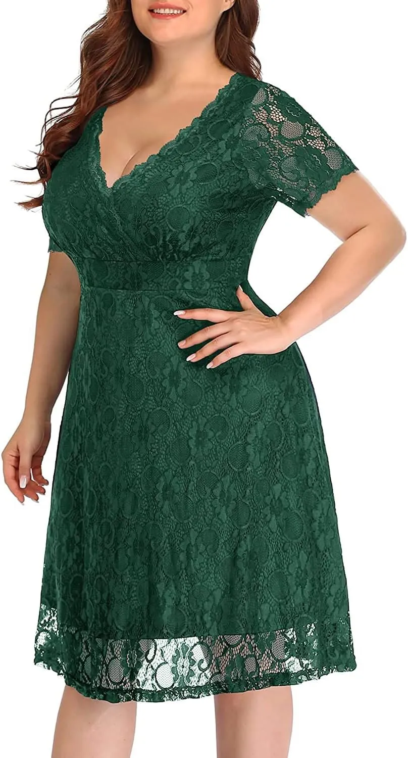Women's Wedding Guest Plus Size Semi Formal Cocktail Lace Wrap V Neck Short Sleeve Knee Length Dress