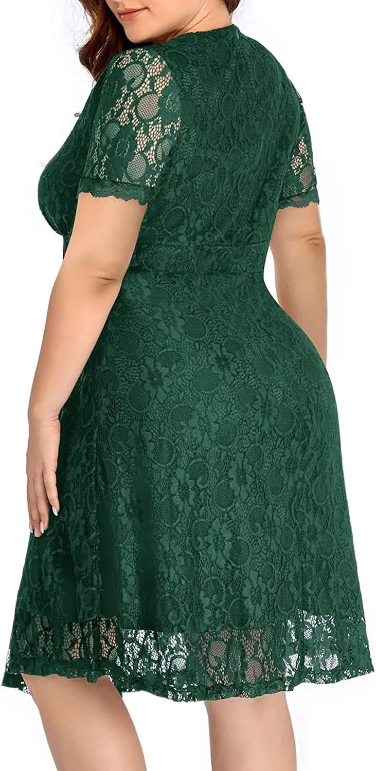 Women's Wedding Guest Plus Size Semi Formal Cocktail Lace Wrap V Neck Short Sleeve Knee Length Dress