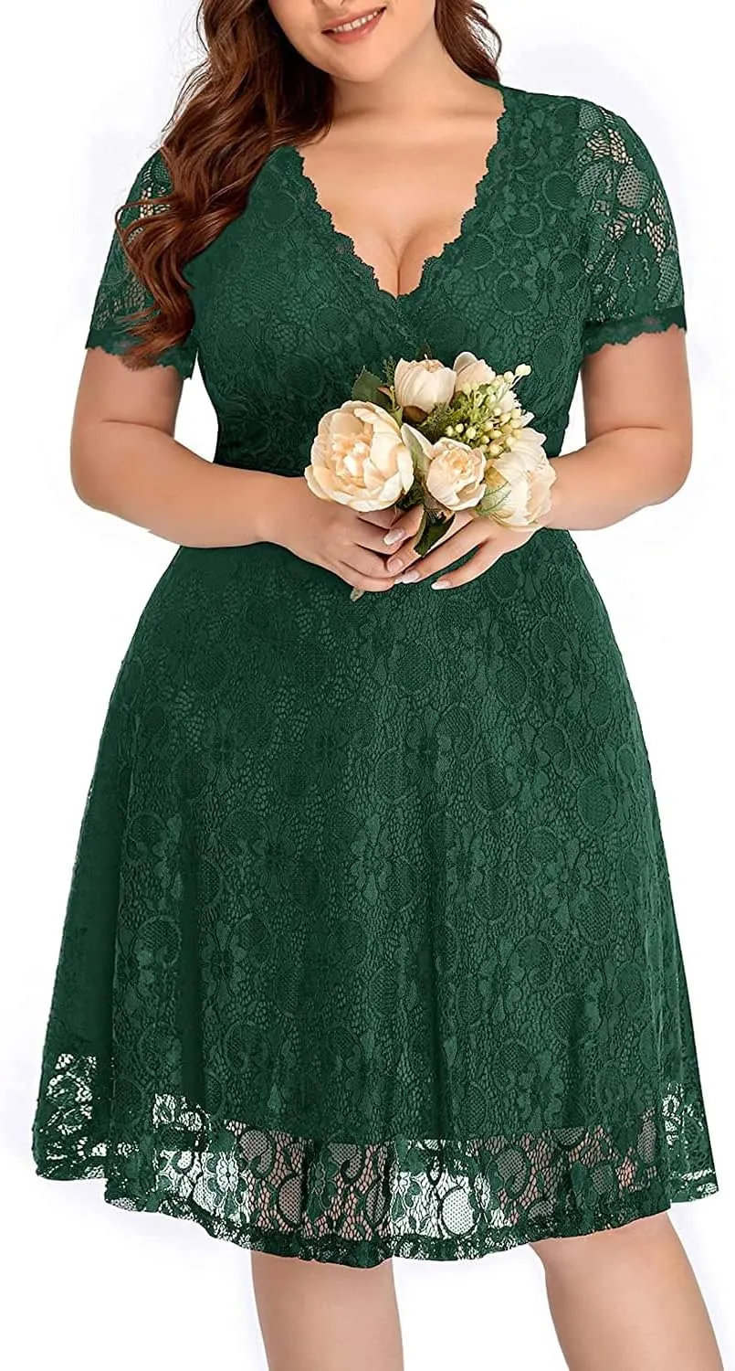 Women's Wedding Guest Plus Size Semi Formal Cocktail Lace Wrap V Neck Short Sleeve Knee Length Dress
