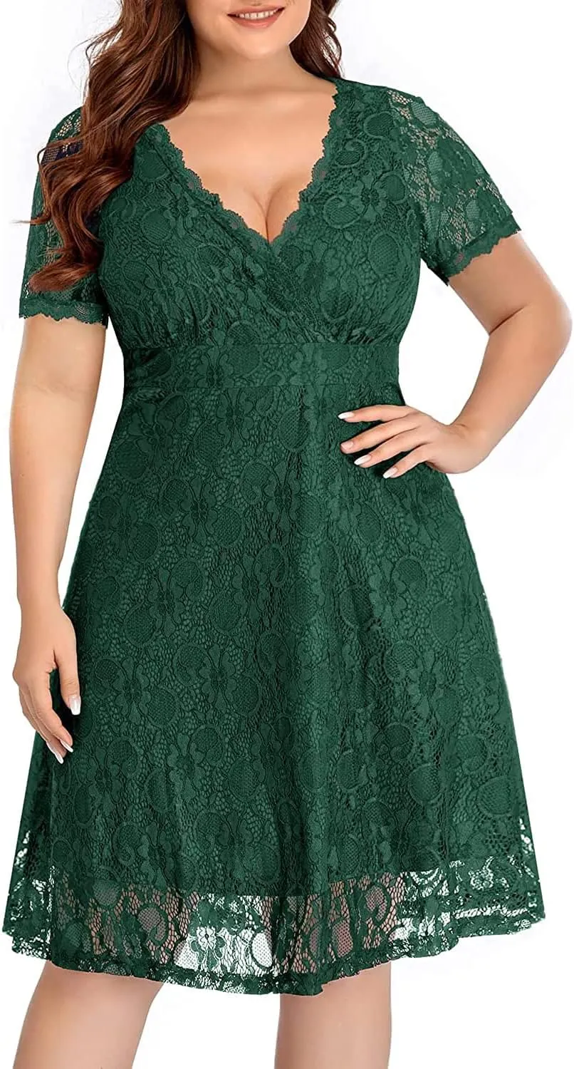 Women's Wedding Guest Plus Size Semi Formal Cocktail Lace Wrap V Neck Short Sleeve Knee Length Dress