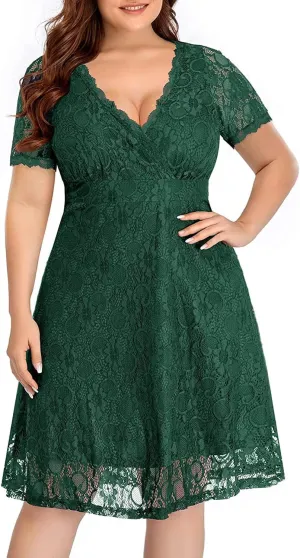 Women's Wedding Guest Plus Size Semi Formal Cocktail Lace Wrap V Neck Short Sleeve Knee Length Dress