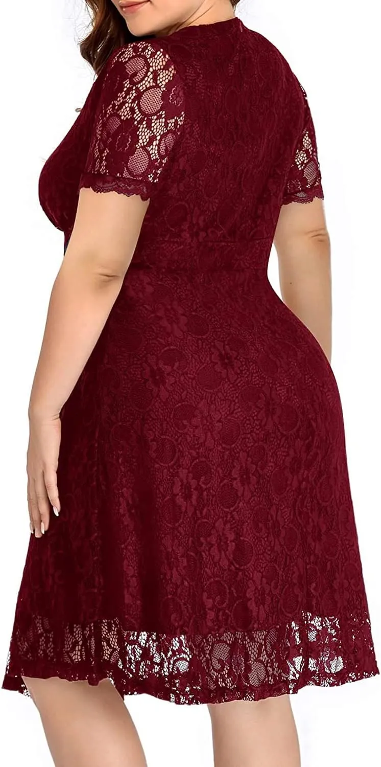Women's Wedding Guest Plus Size Semi Formal Cocktail Lace Wrap V Neck Short Sleeve Knee Length Dress