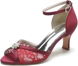 Women's Wedding Shoes Peep Toe Heel Lace Satin Bridal Pumps with Rhinestone Evening Party Dress Sandles