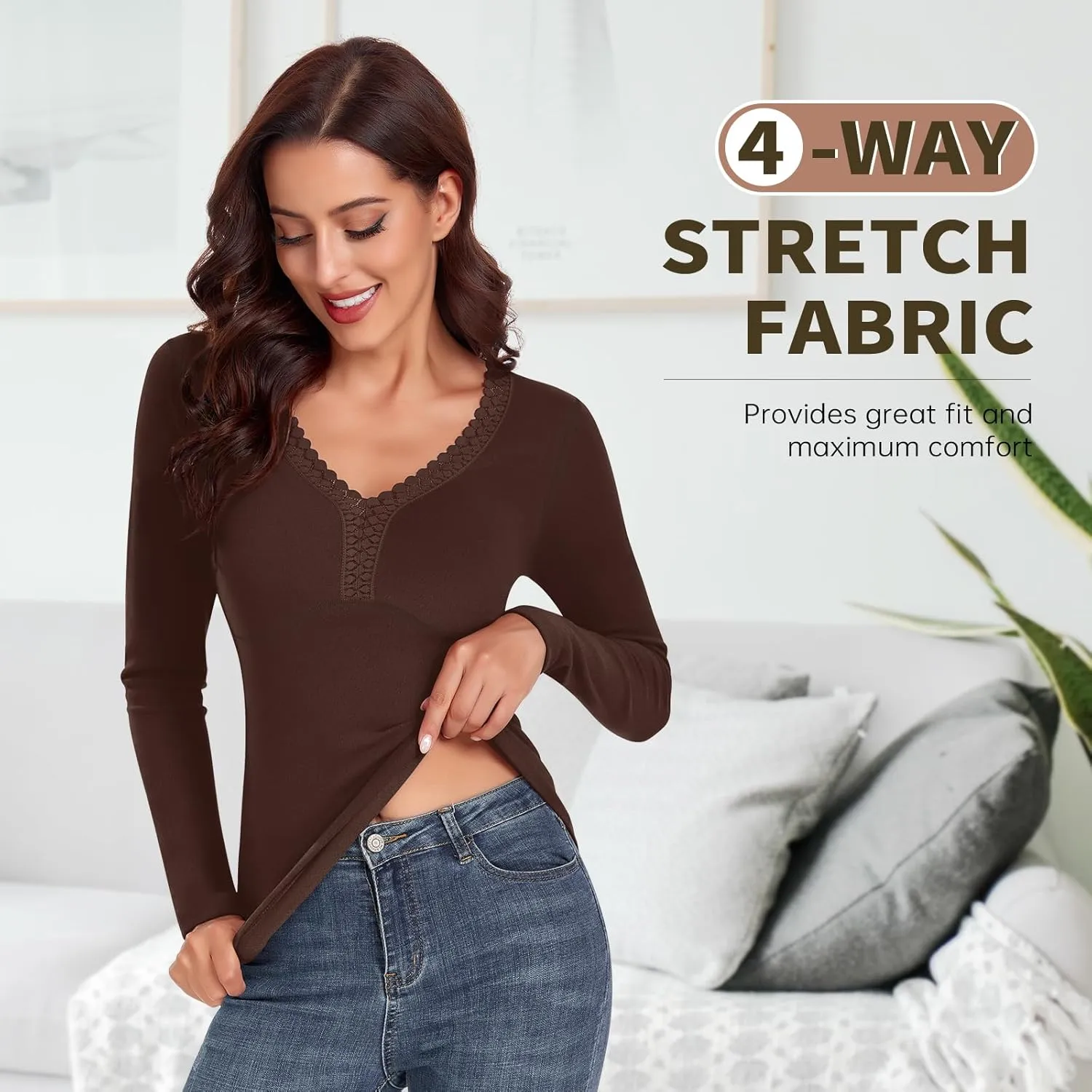 WOWENY Sleeveless Thermal Fleece Tank Top for Women V Neck Lace Camisole Warm Base Layer Cami Vest Underwear Tops