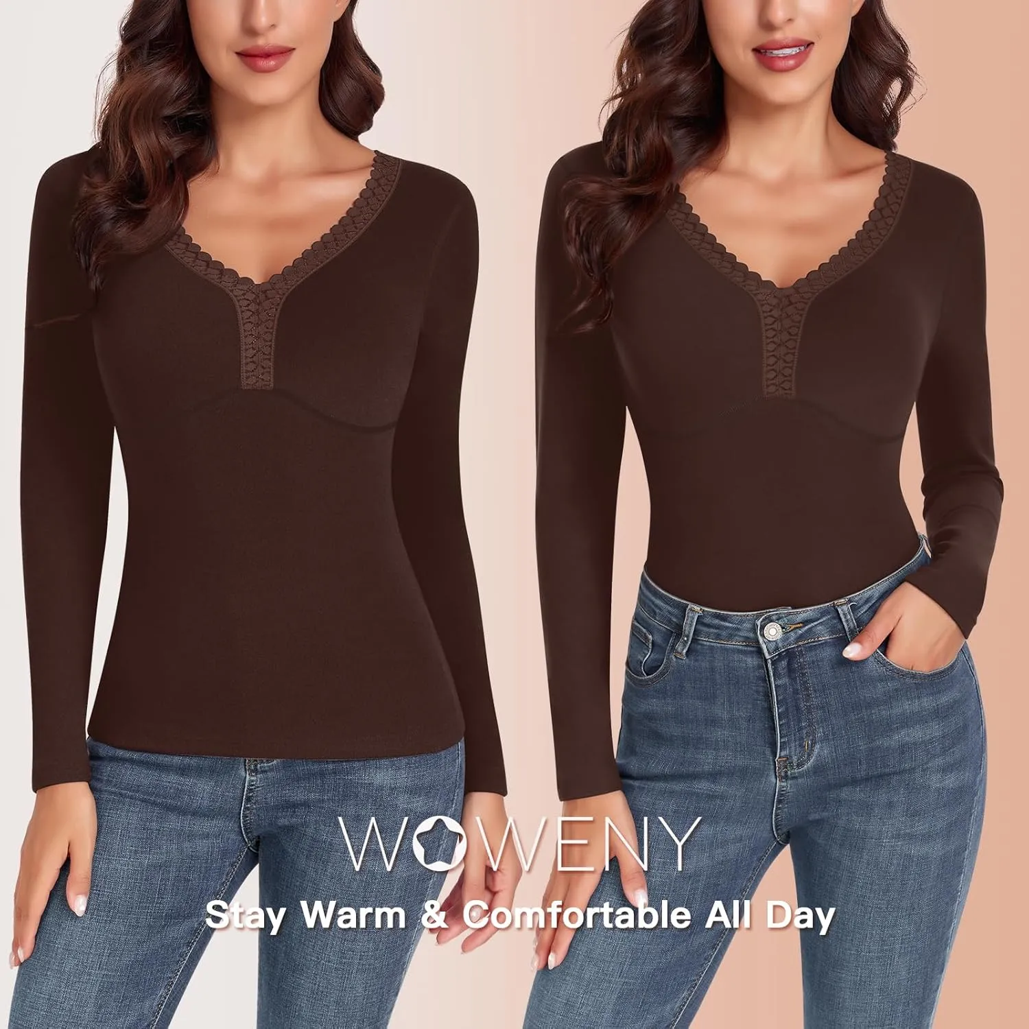 WOWENY Sleeveless Thermal Fleece Tank Top for Women V Neck Lace Camisole Warm Base Layer Cami Vest Underwear Tops