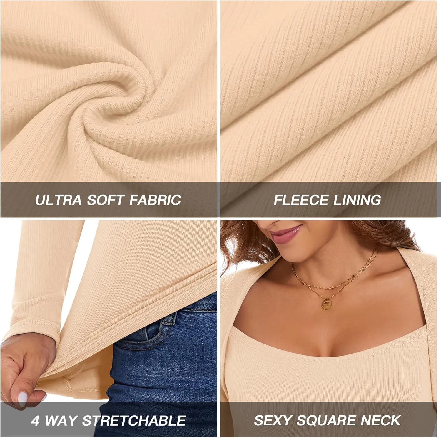 WOWENY Womens Long Sleeve Thermal Shirts Square Neck T Shirts Fleece Lined Underwear Tops Basic Fitted Tees
