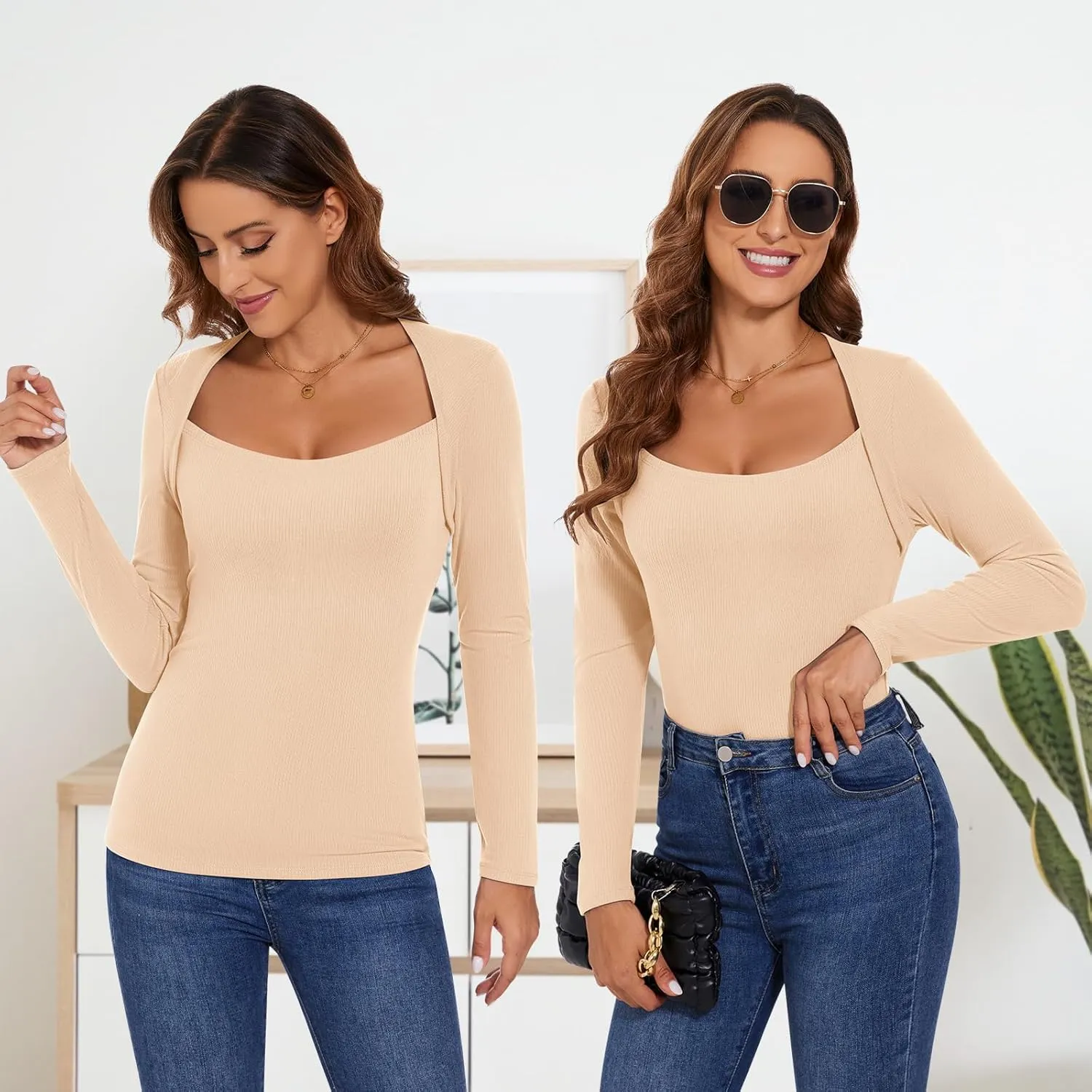 WOWENY Womens Long Sleeve Thermal Shirts Square Neck T Shirts Fleece Lined Underwear Tops Basic Fitted Tees
