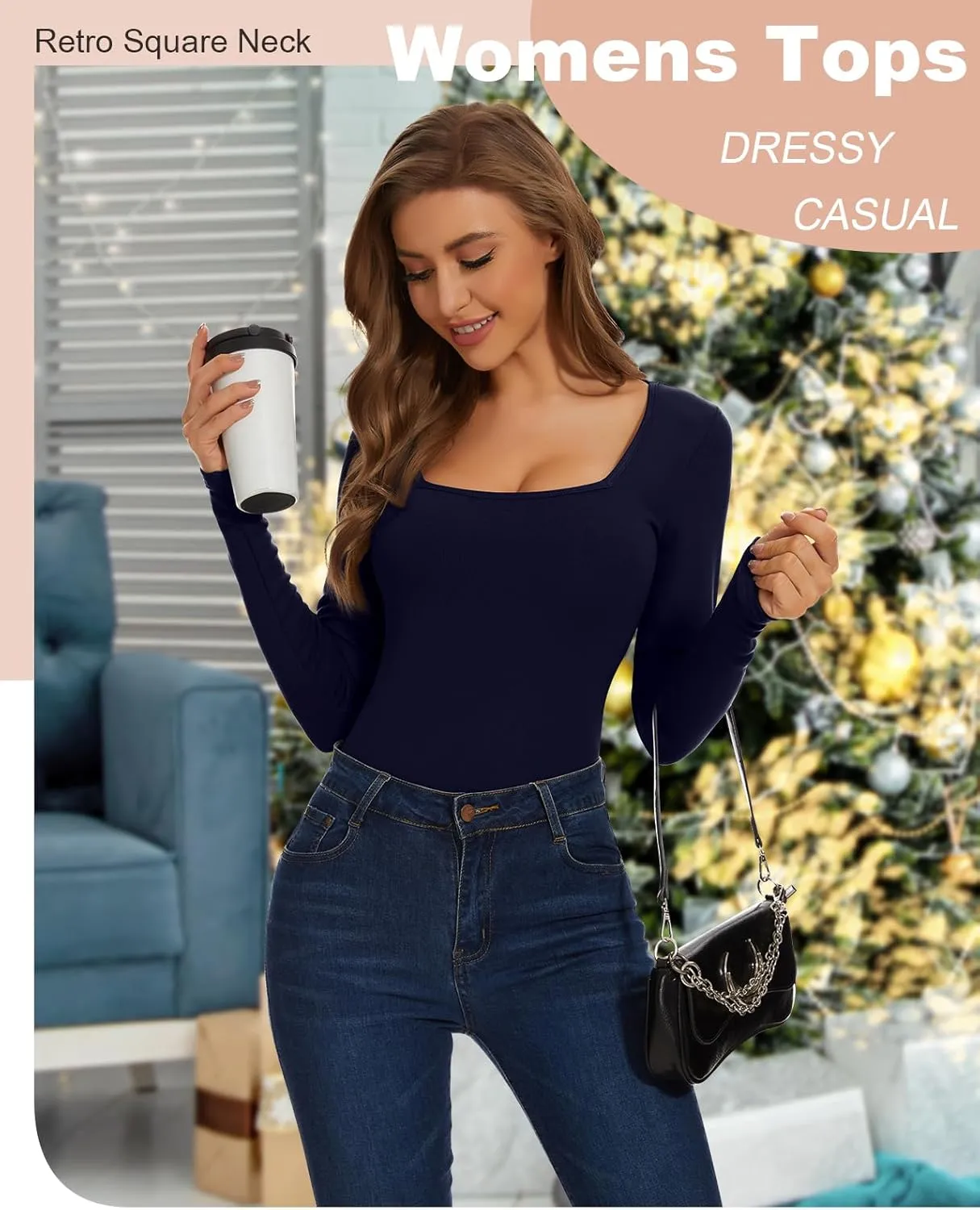 WOWENY Womens Long Sleeve Thermal Shirts Square Neck T Shirts Underwear Tops Basic Fitted Tees