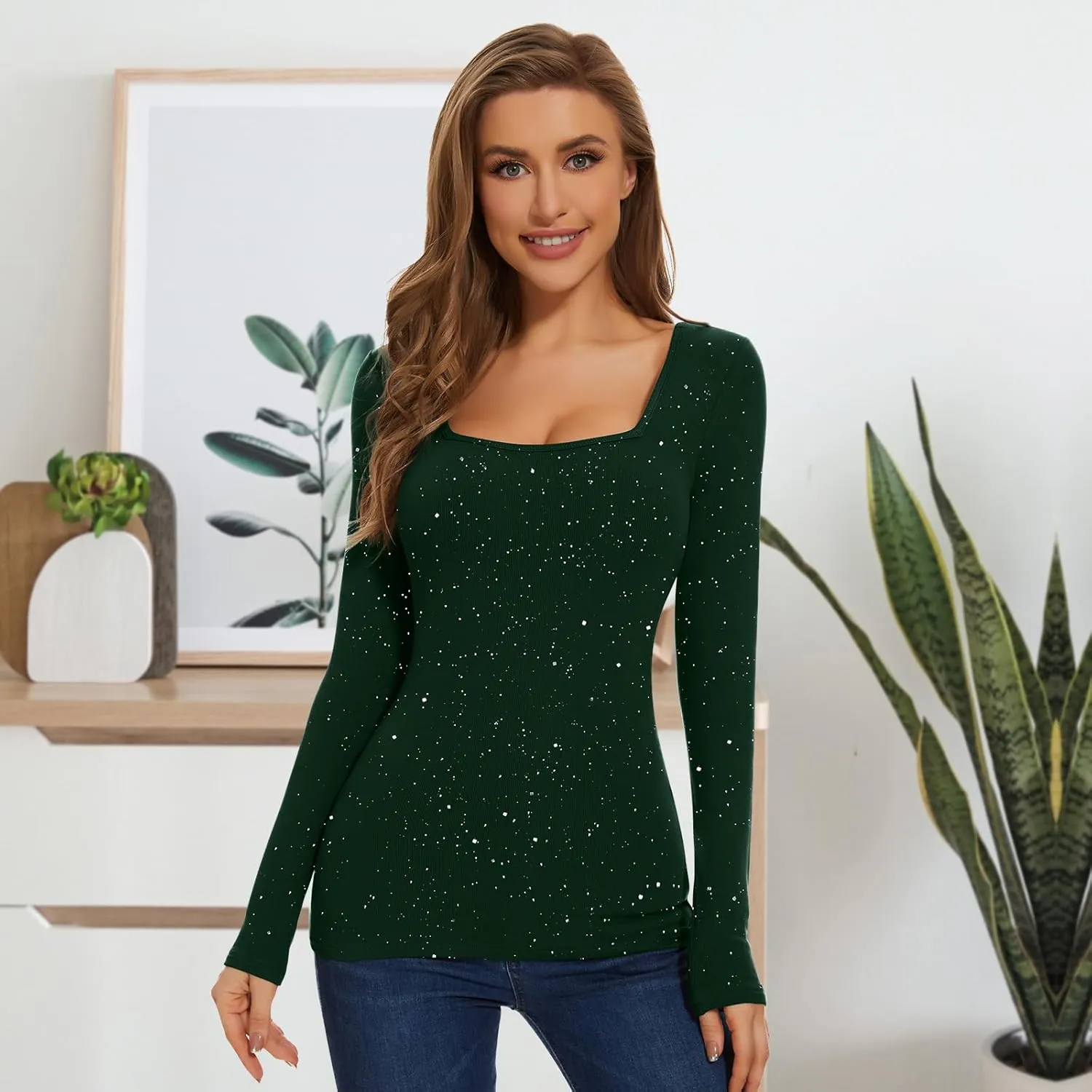 WOWENY Womens Long Sleeve Thermal Shirts Square Neck T Shirts Underwear Tops Basic Fitted Tees