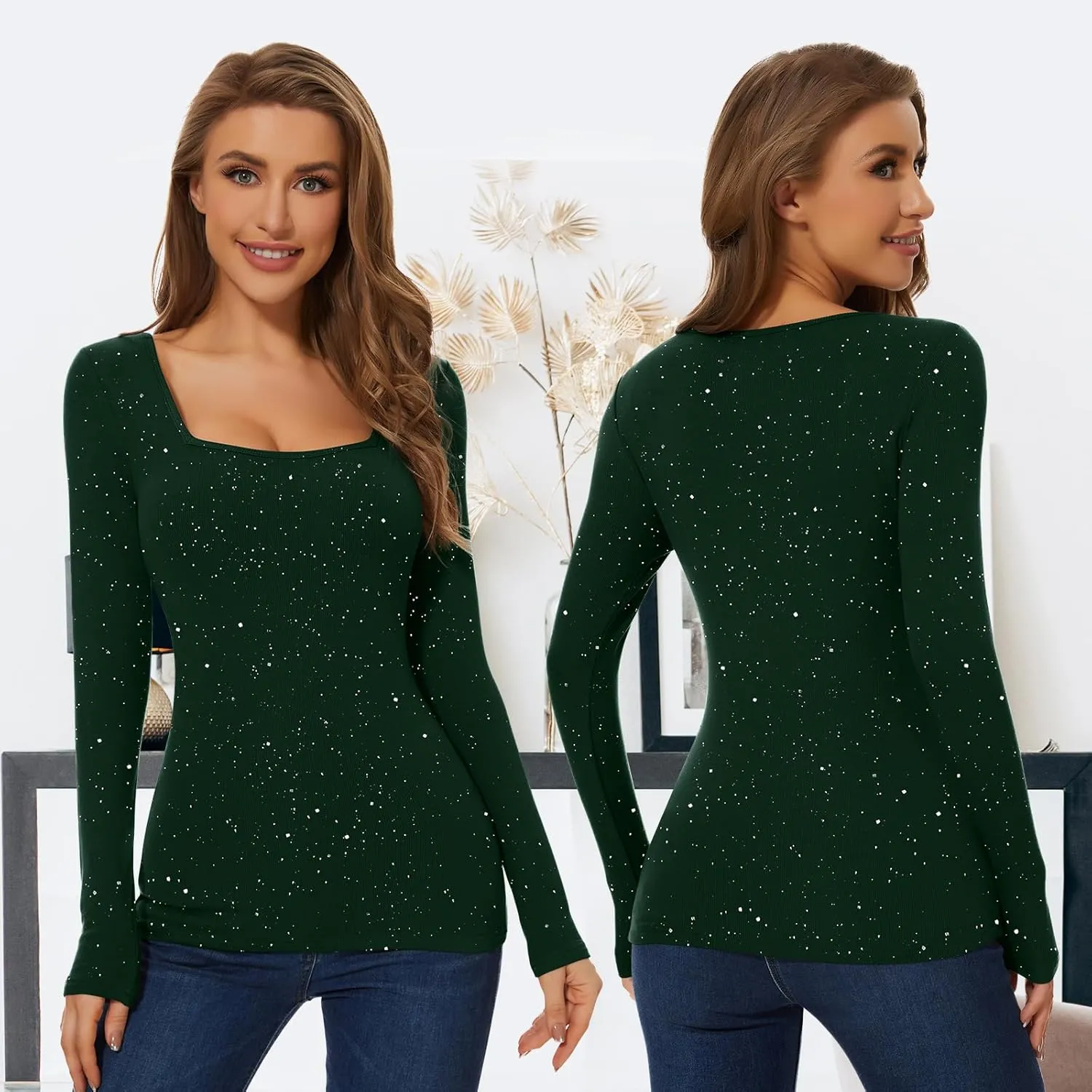 WOWENY Womens Long Sleeve Thermal Shirts Square Neck T Shirts Underwear Tops Basic Fitted Tees