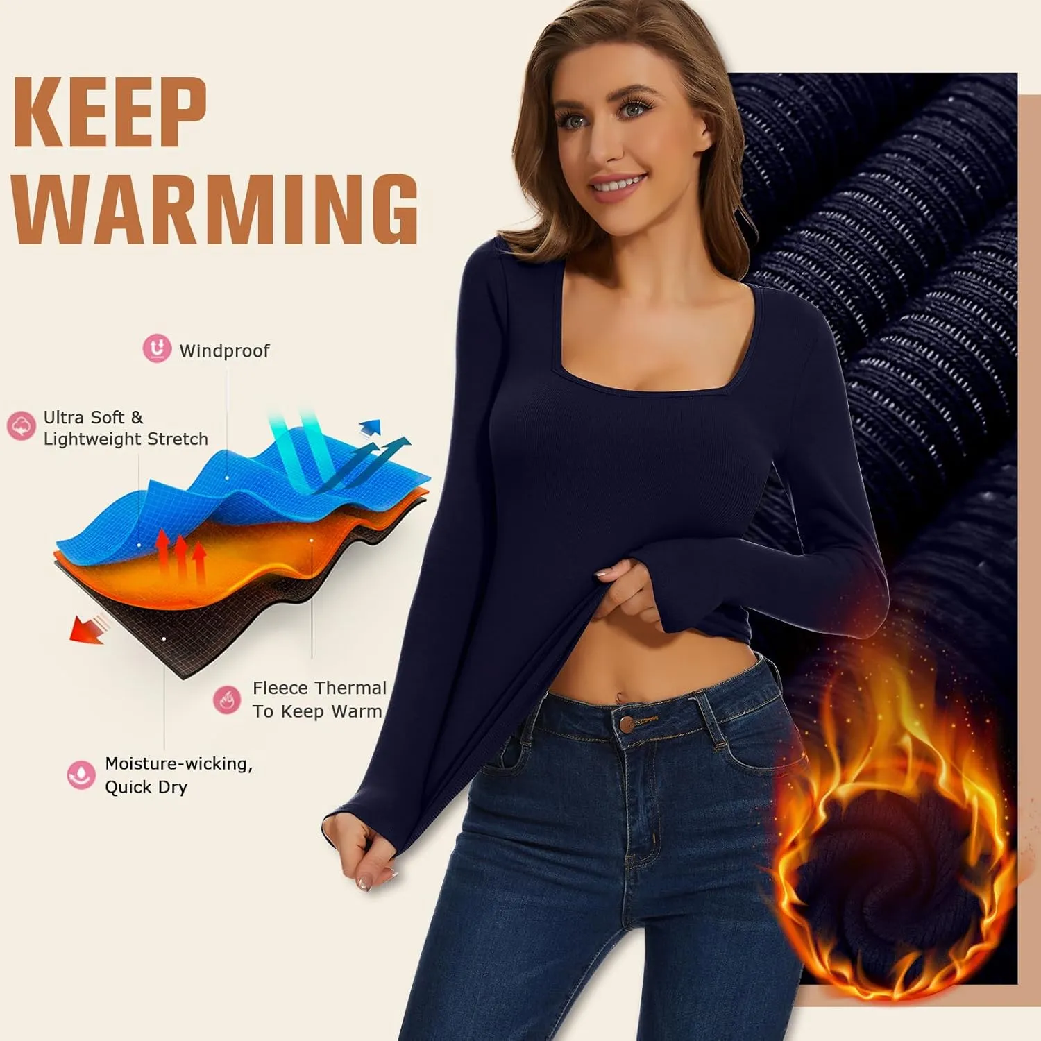 WOWENY Womens Long Sleeve Thermal Shirts Square Neck T Shirts Underwear Tops Basic Fitted Tees