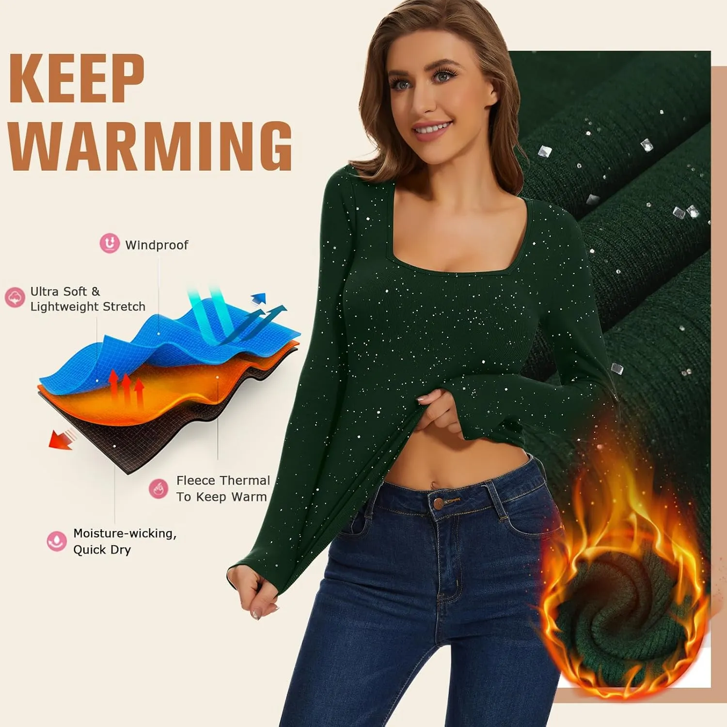 WOWENY Womens Long Sleeve Thermal Shirts Square Neck T Shirts Underwear Tops Basic Fitted Tees