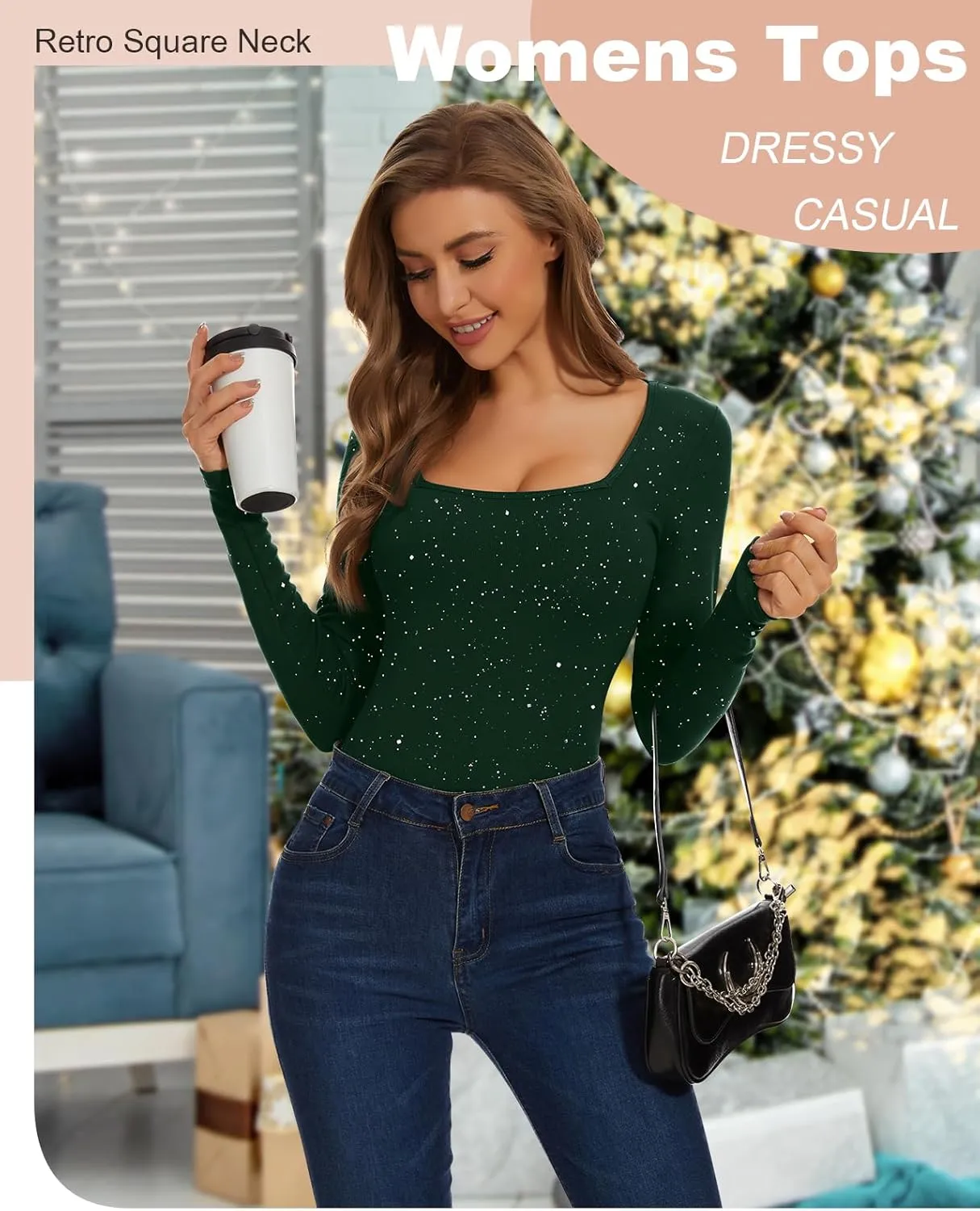 WOWENY Womens Long Sleeve Thermal Shirts Square Neck T Shirts Underwear Tops Basic Fitted Tees
