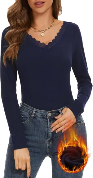 WOWENY Womens Long Sleeve Thermal Shirts V Neck Lace T Shirts Underwear Tops Basic Fitted Tees