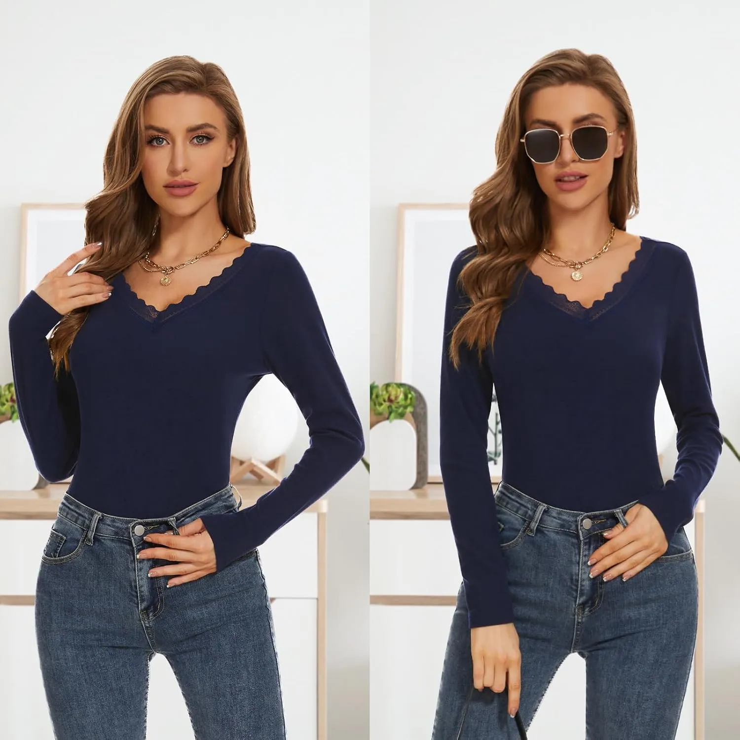 WOWENY Womens Long Sleeve Thermal Shirts V Neck Lace T Shirts Underwear Tops Basic Fitted Tees