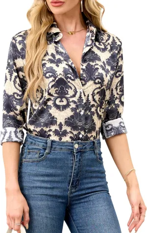 Wrinkle-Resistant Women Silky Button Down Shirts 2025 Fashion Printed Long Sleeve Blouse Dressy Casual Tops