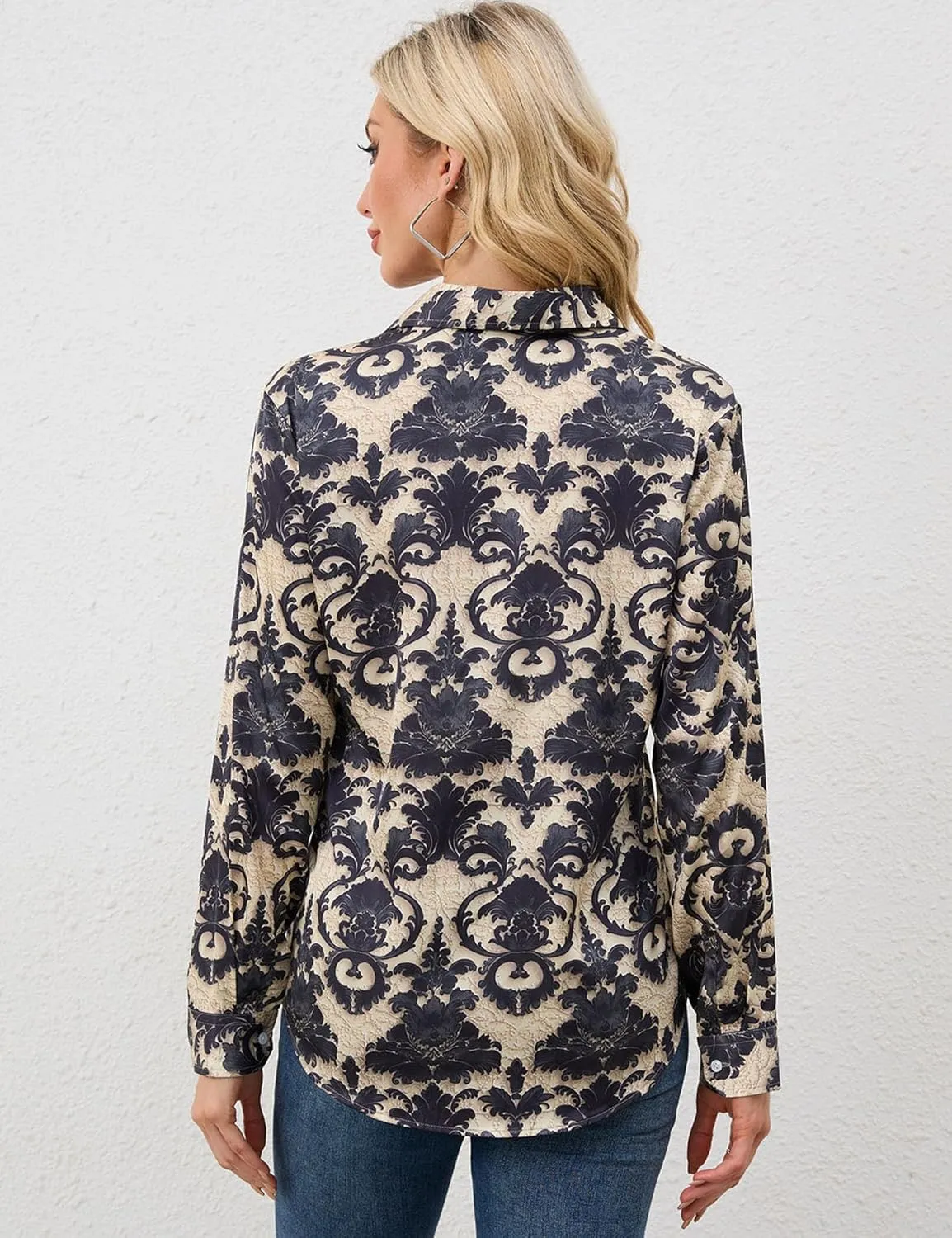 Wrinkle-Resistant Women Silky Button Down Shirts 2025 Fashion Printed Long Sleeve Blouse Dressy Casual Tops