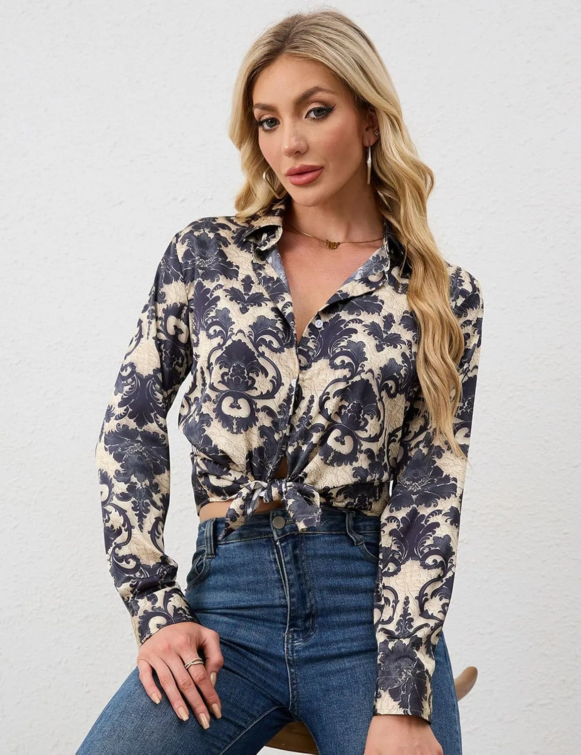 Wrinkle-Resistant Women Silky Button Down Shirts 2025 Fashion Printed Long Sleeve Blouse Dressy Casual Tops