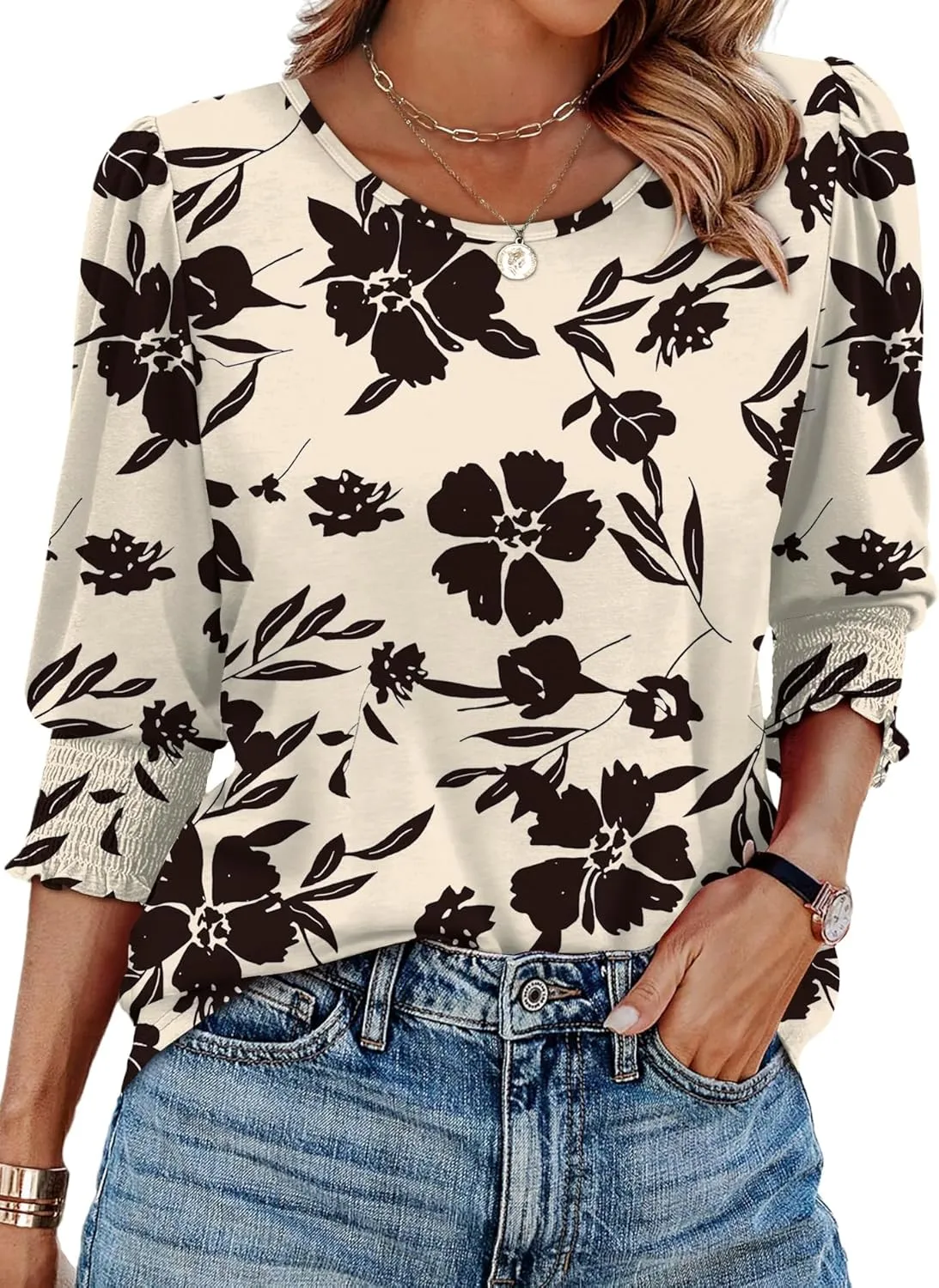 XIEERDUO Blouses for Women Dressy Casual 3/4 Length Sleeve Womens Tops with Smocked Cuffs