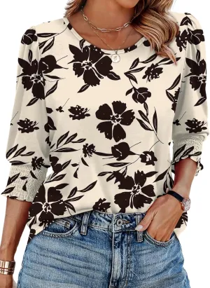 XIEERDUO Blouses for Women Dressy Casual 3/4 Length Sleeve Womens Tops with Smocked Cuffs