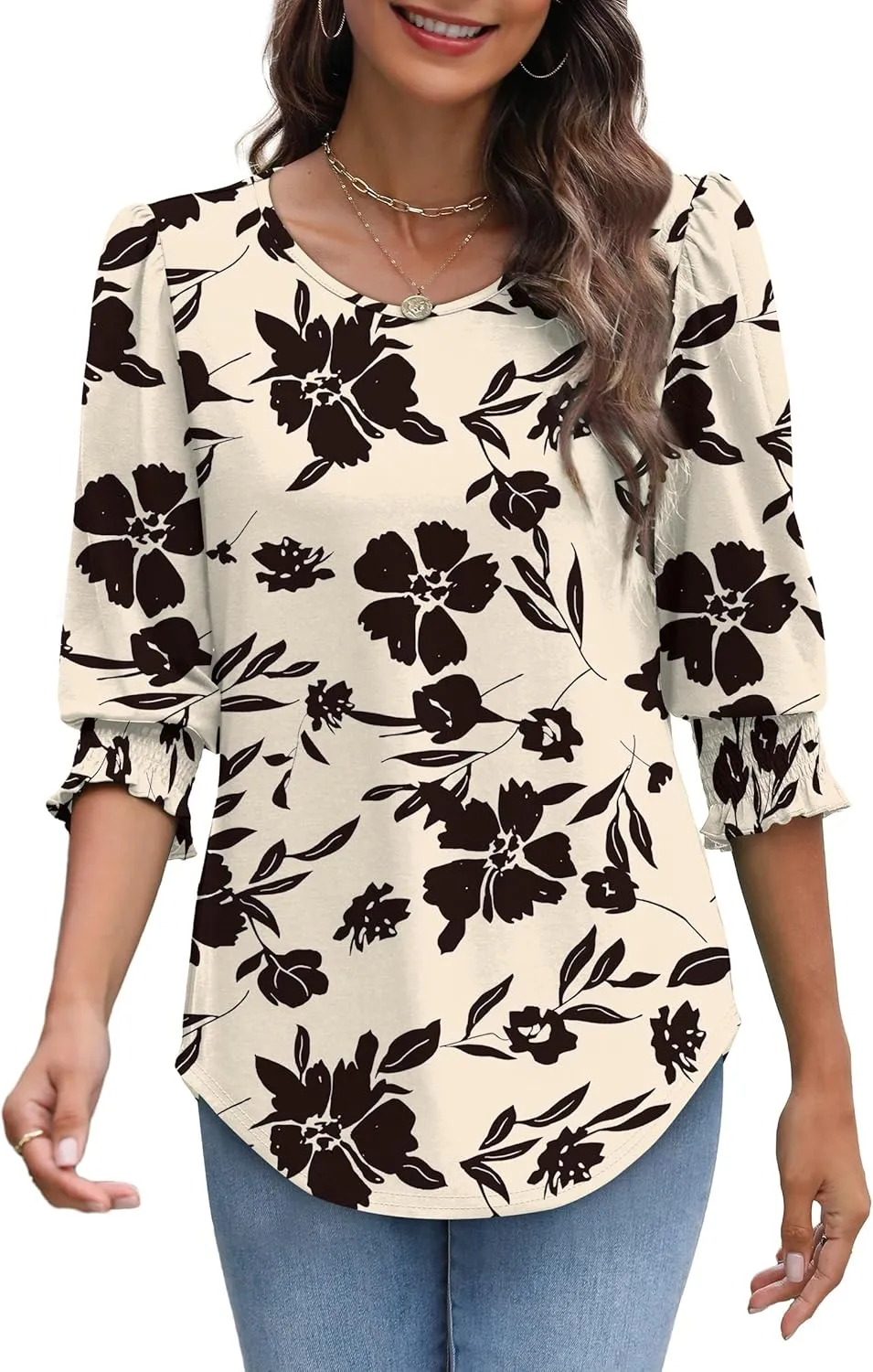 XIEERDUO Blouses for Women Dressy Casual 3/4 Length Sleeve Womens Tops with Smocked Cuffs