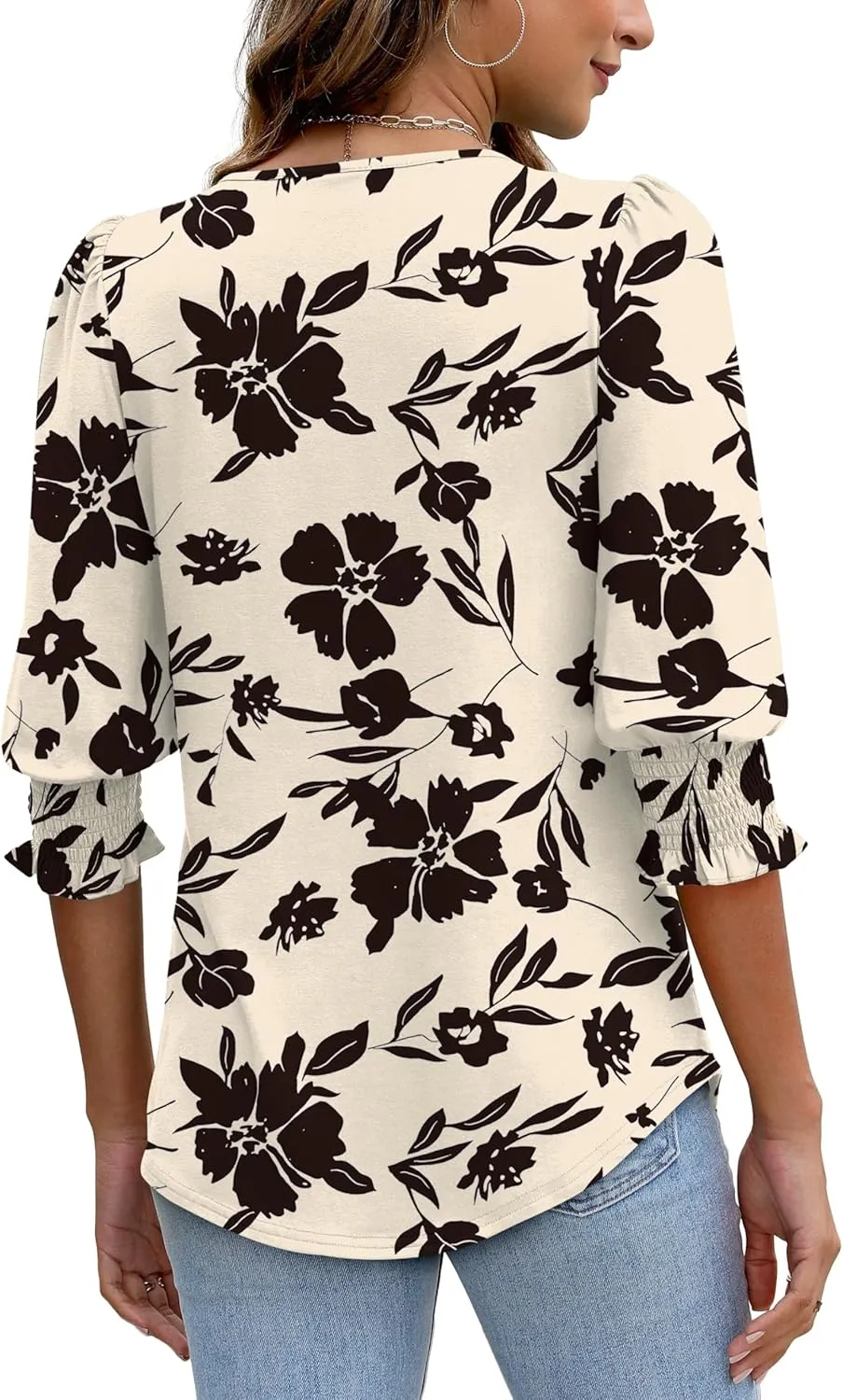 XIEERDUO Blouses for Women Dressy Casual 3/4 Length Sleeve Womens Tops with Smocked Cuffs