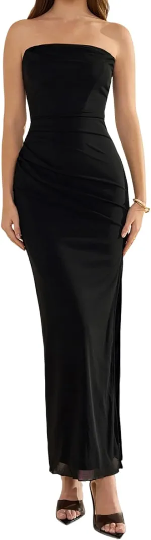 XinFSh Women's Strapless Bodycon Ruched Dresses Vintage Open Back Boned Corset Wedding Guest Dress