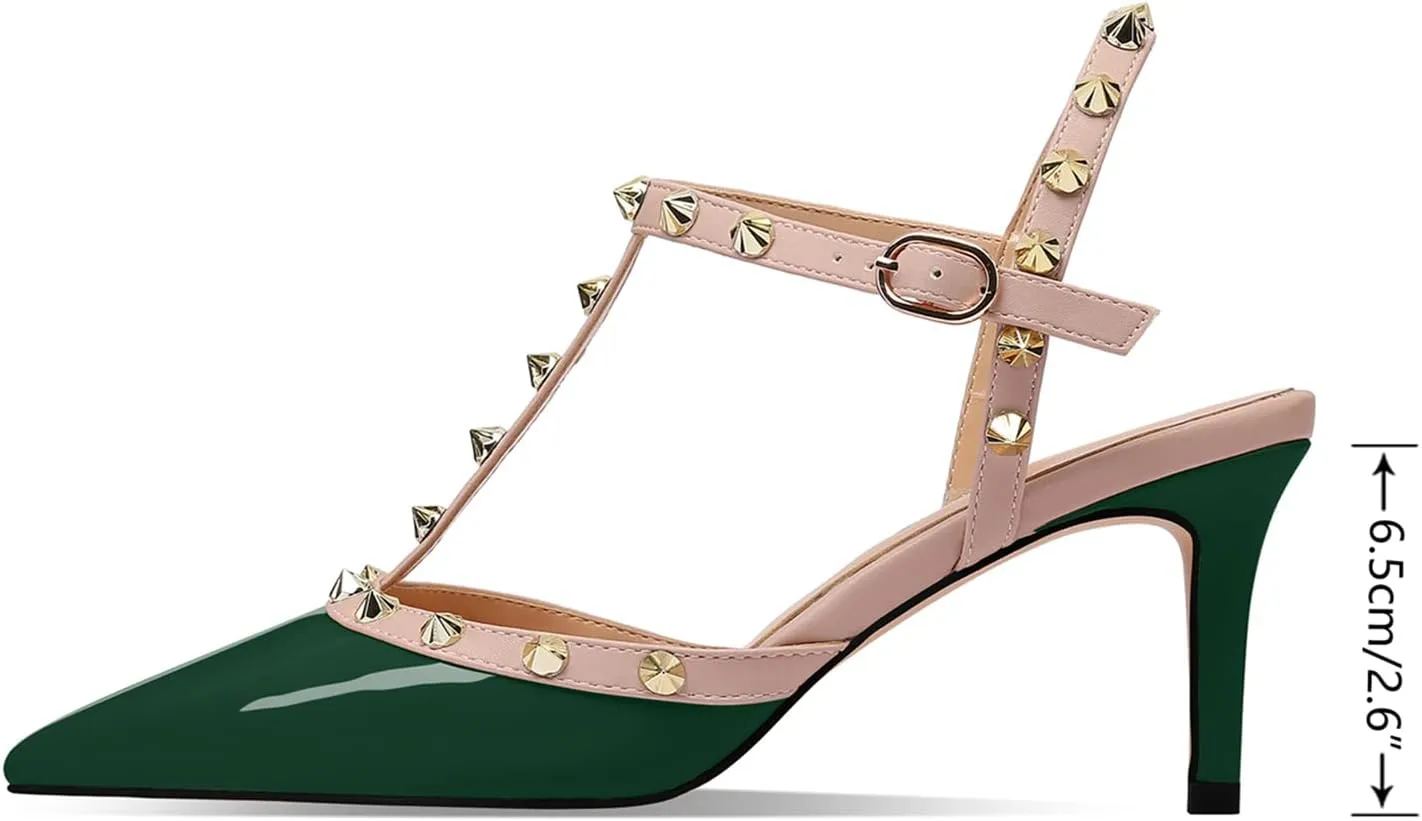 XINIUNIU Studded Heels for Women Kitten Heels with Studs Stiletto Sandals with Rivet Ankle Strap Patent Leather Pointy Toe 2.5 Inch Party Daily Wear Evening Sandals
